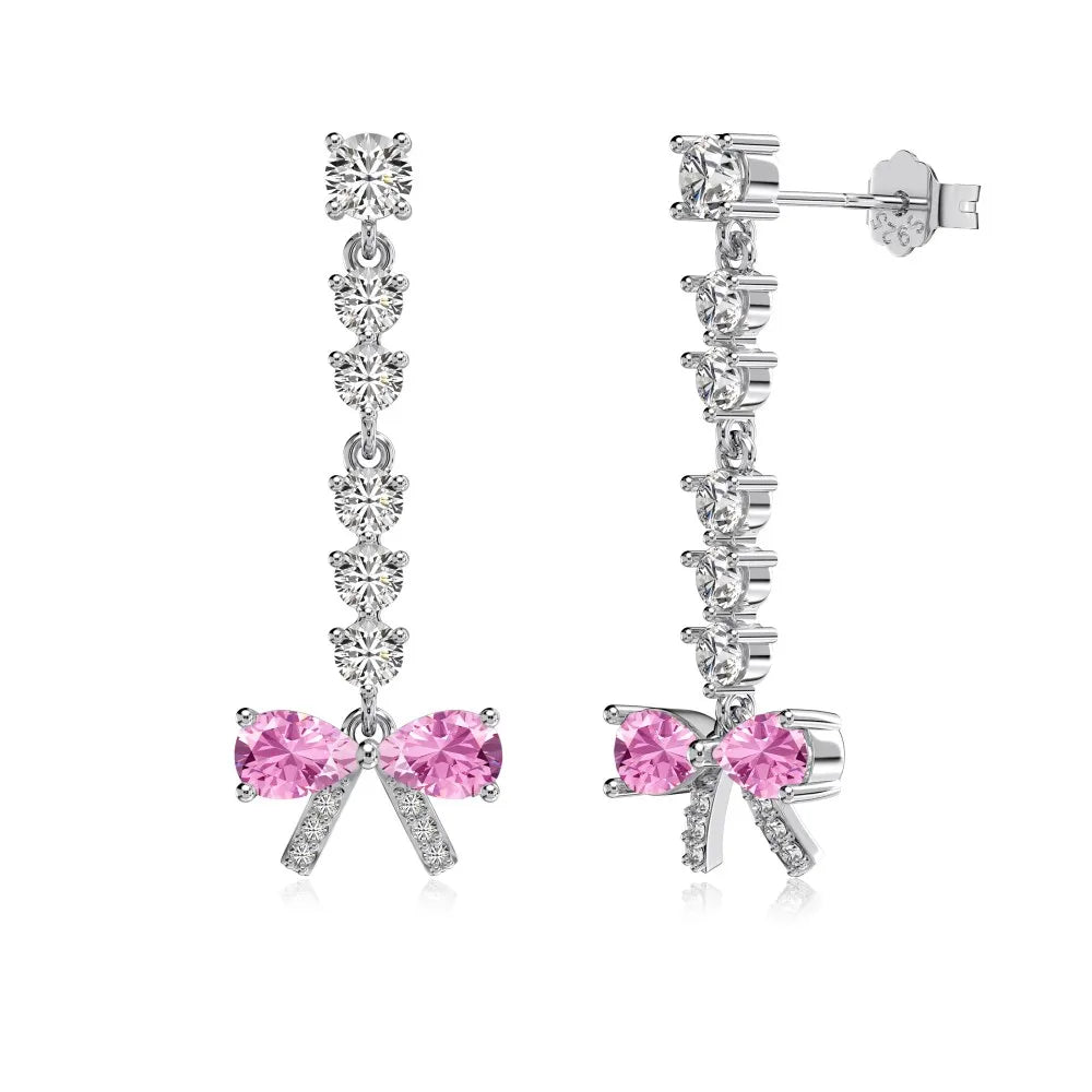 Silver Zircon Pear Cut Dangle Bow Drop Earrings