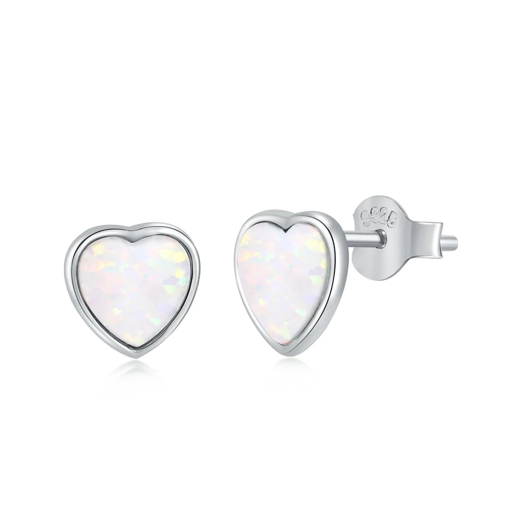 Silver Opal Heart Cut Simple Ear Studs