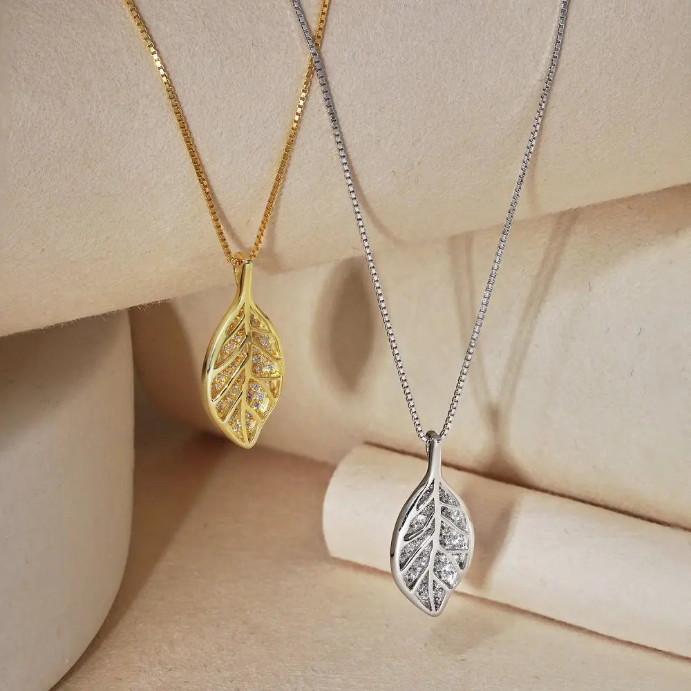 Silver Zircon Round Cut Leaf Pendant Necklace
