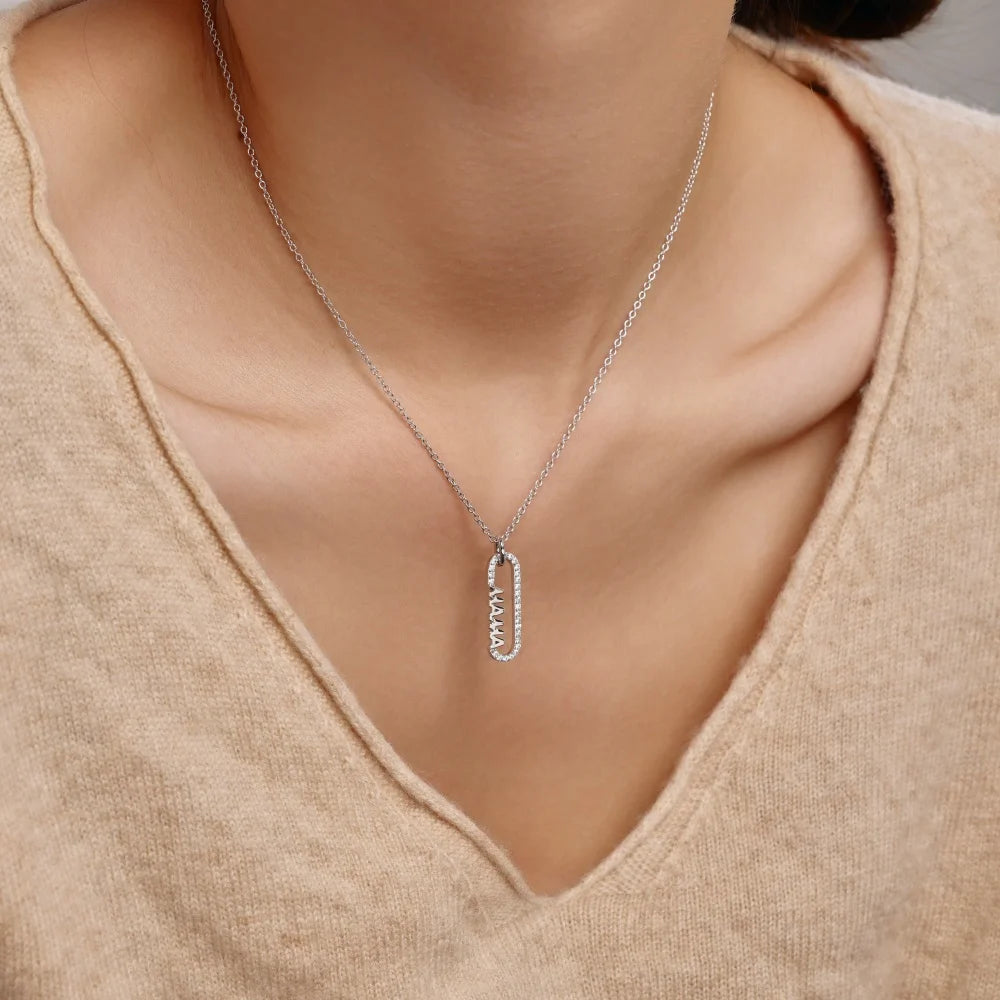 Silver Zircon Round Cut Sided Mama Bar Necklace