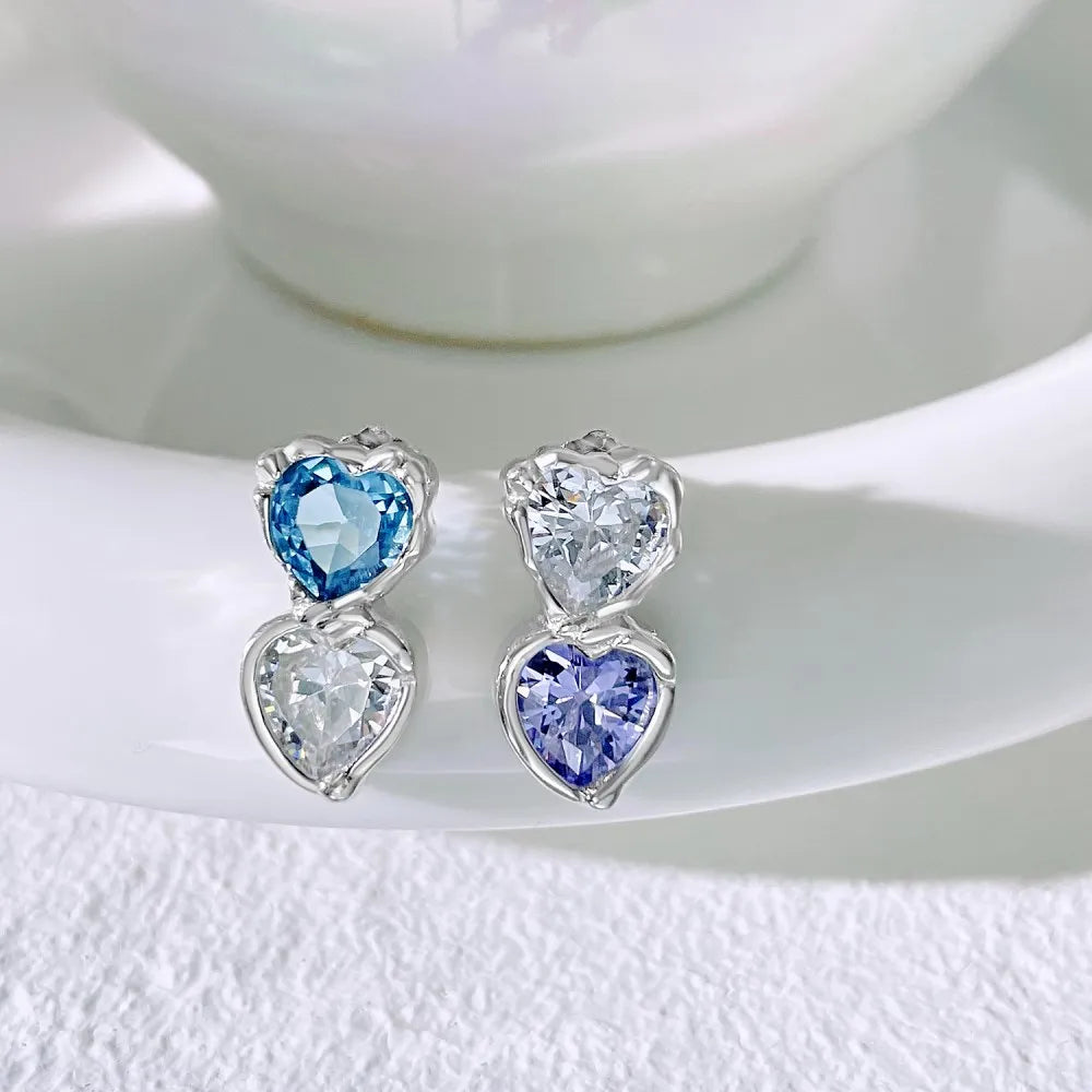 Silver Zircon Heart Cut Stacked Ear Studs