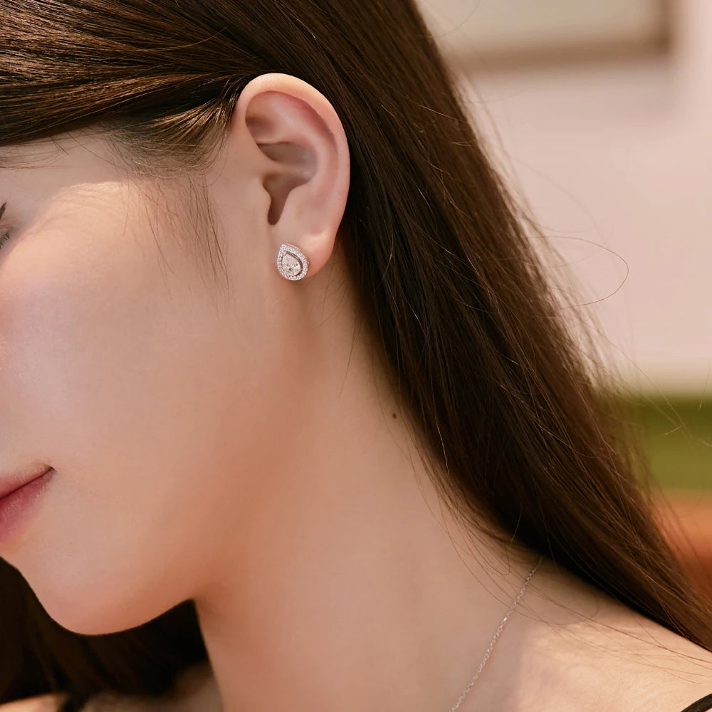 Silver Zircon Pear Cut Halo Water Drop Pendant Necklace