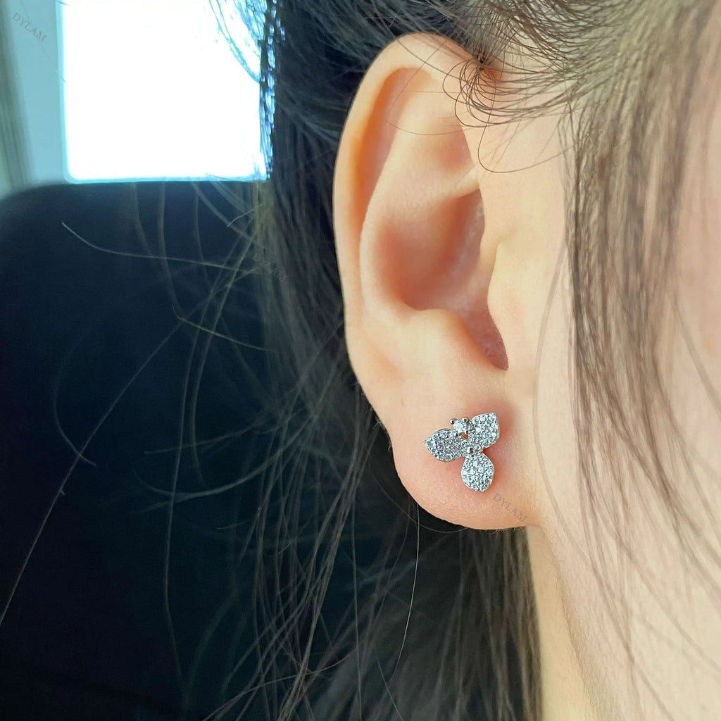 Silver Zircon Round Cut Inlaid Clover Ear Studs