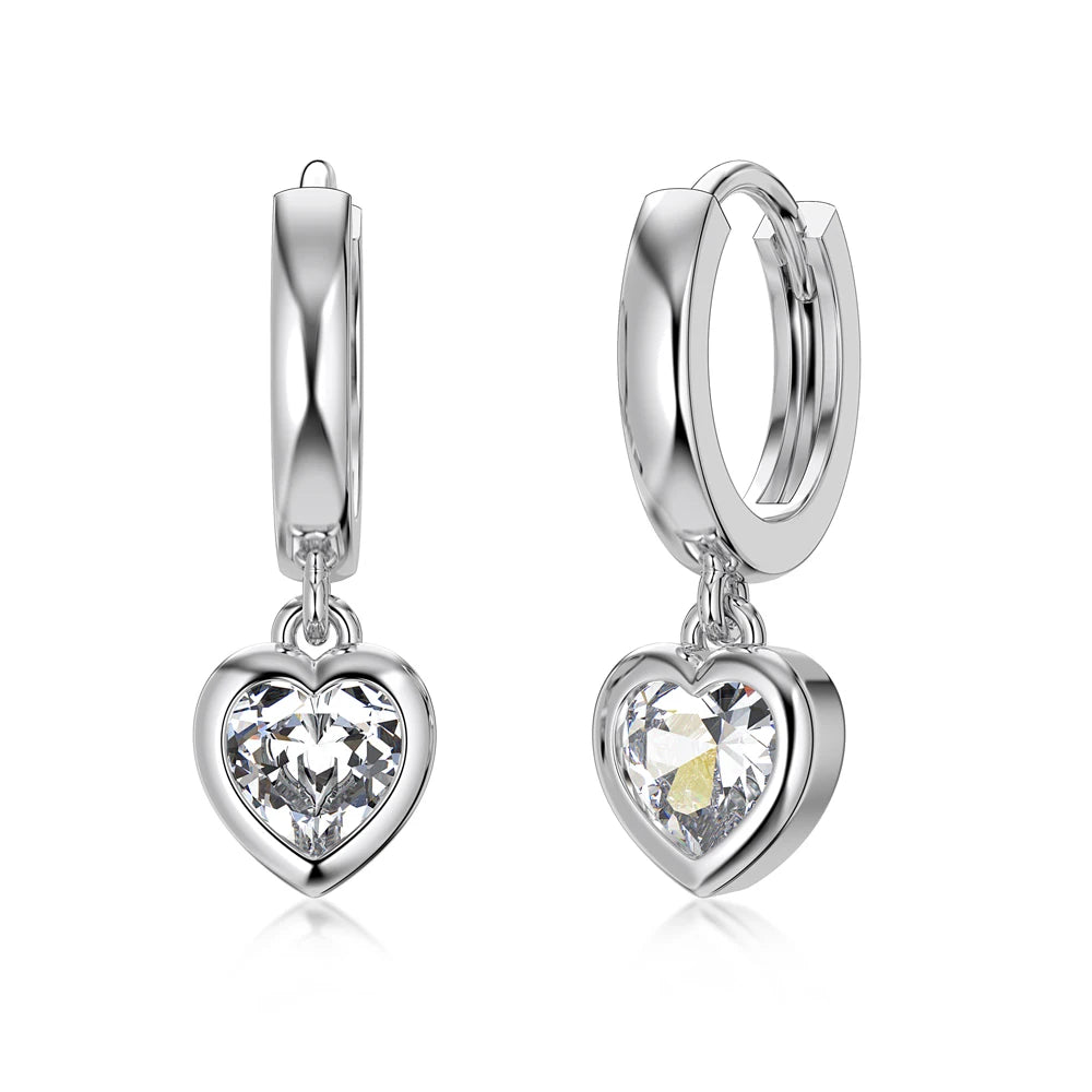 Silver Zircon Heart Cut Drop Huggie Earrings