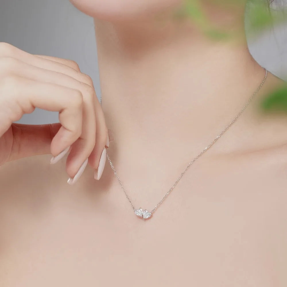 Silver Zircon Heart Cut Toi Et Moi Pendant Necklace