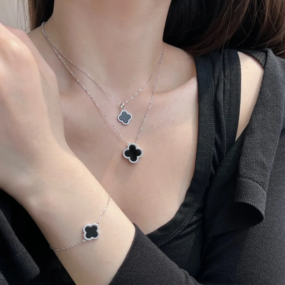 Silver Zircon Round Cut Inlaid Clover Pendant Necklace