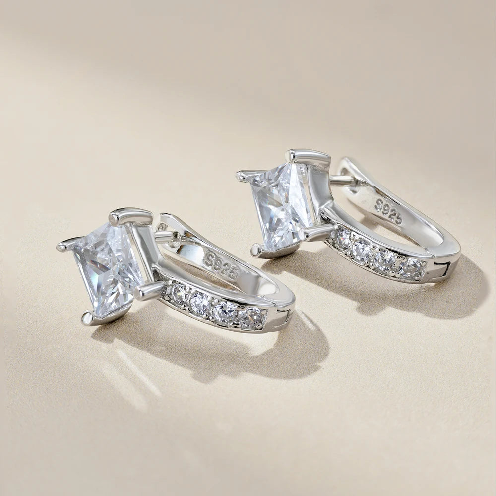 Silver Zircon Princess Cut Classic Huggie Earrings