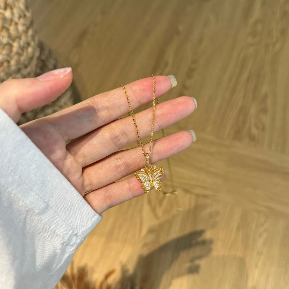 Silver Zircon Round Cut Iced Butterfly Pendant Necklace