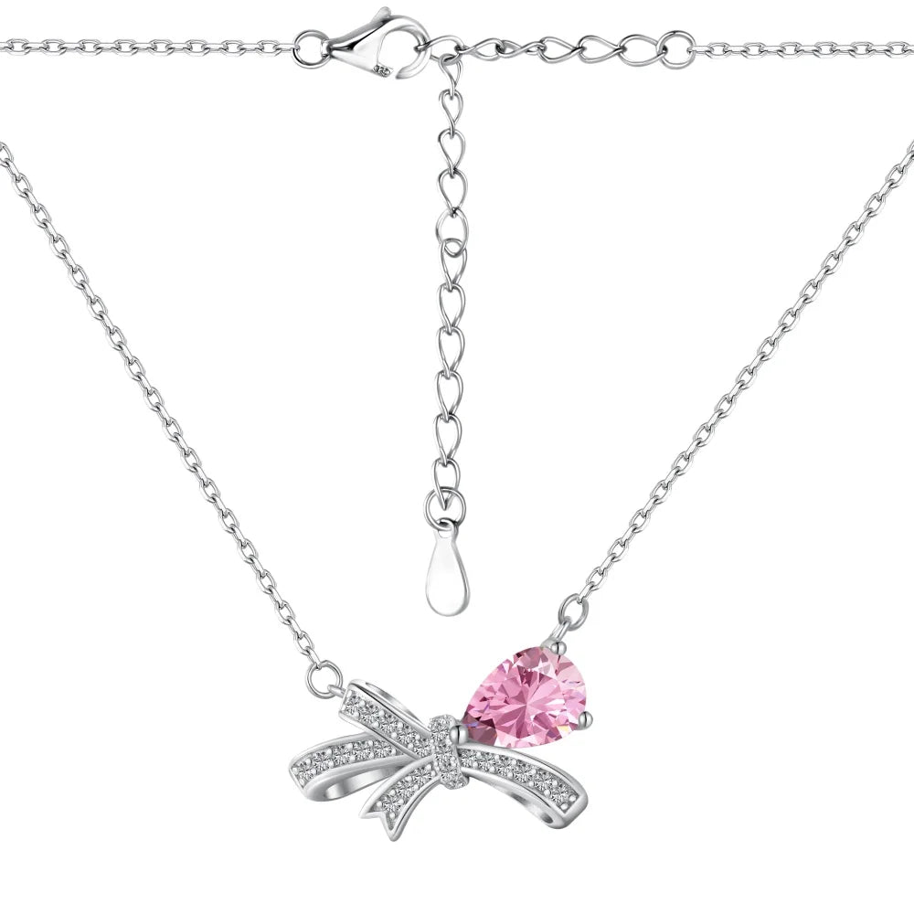 Silver Zircon Pear Cut Bow Knot Pendant Necklace