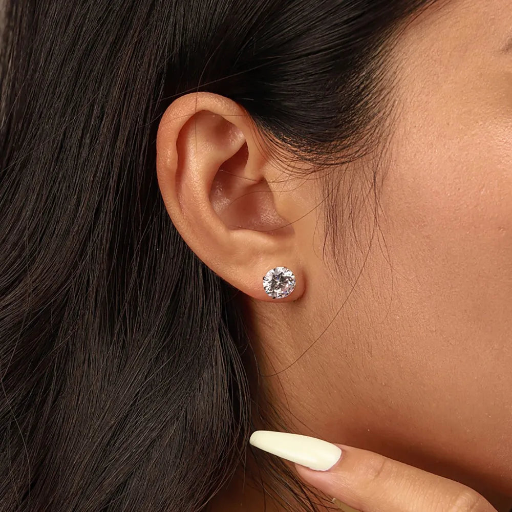 Silver Zircon Round Cut Simple Ear Studs