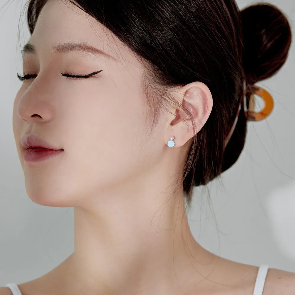 Silver Opal Round Cut Simple Ear Studs