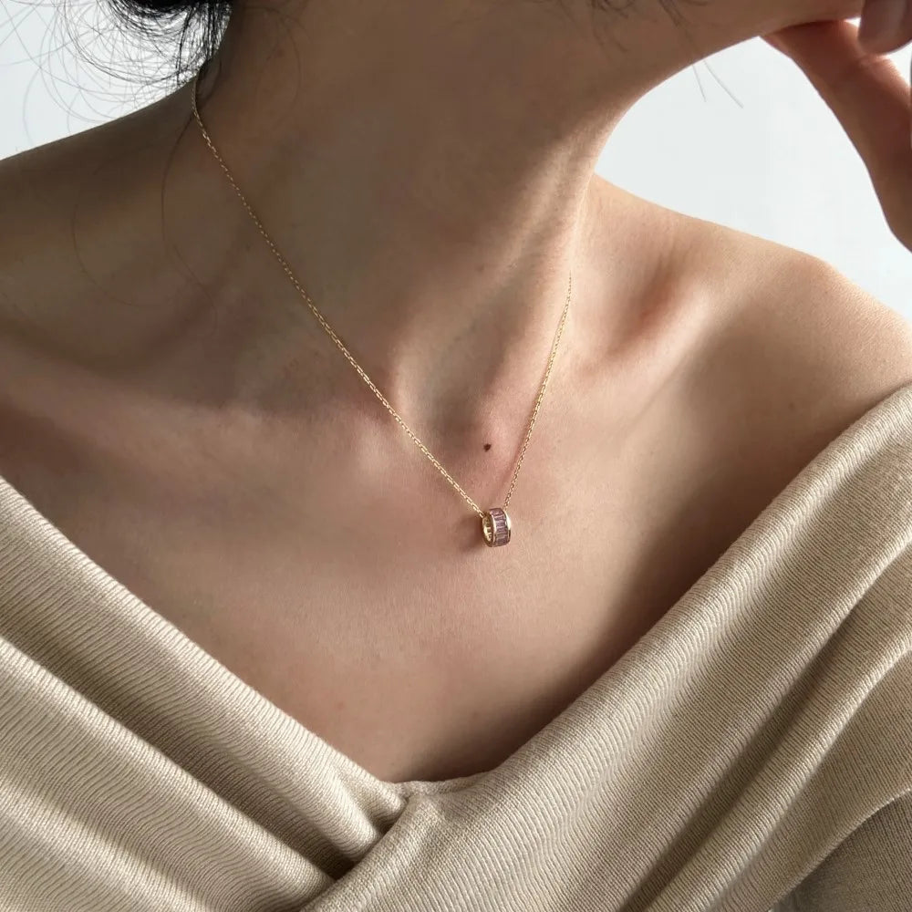 Silver Zircon Baguette Cut Cylinder Pendant Necklace