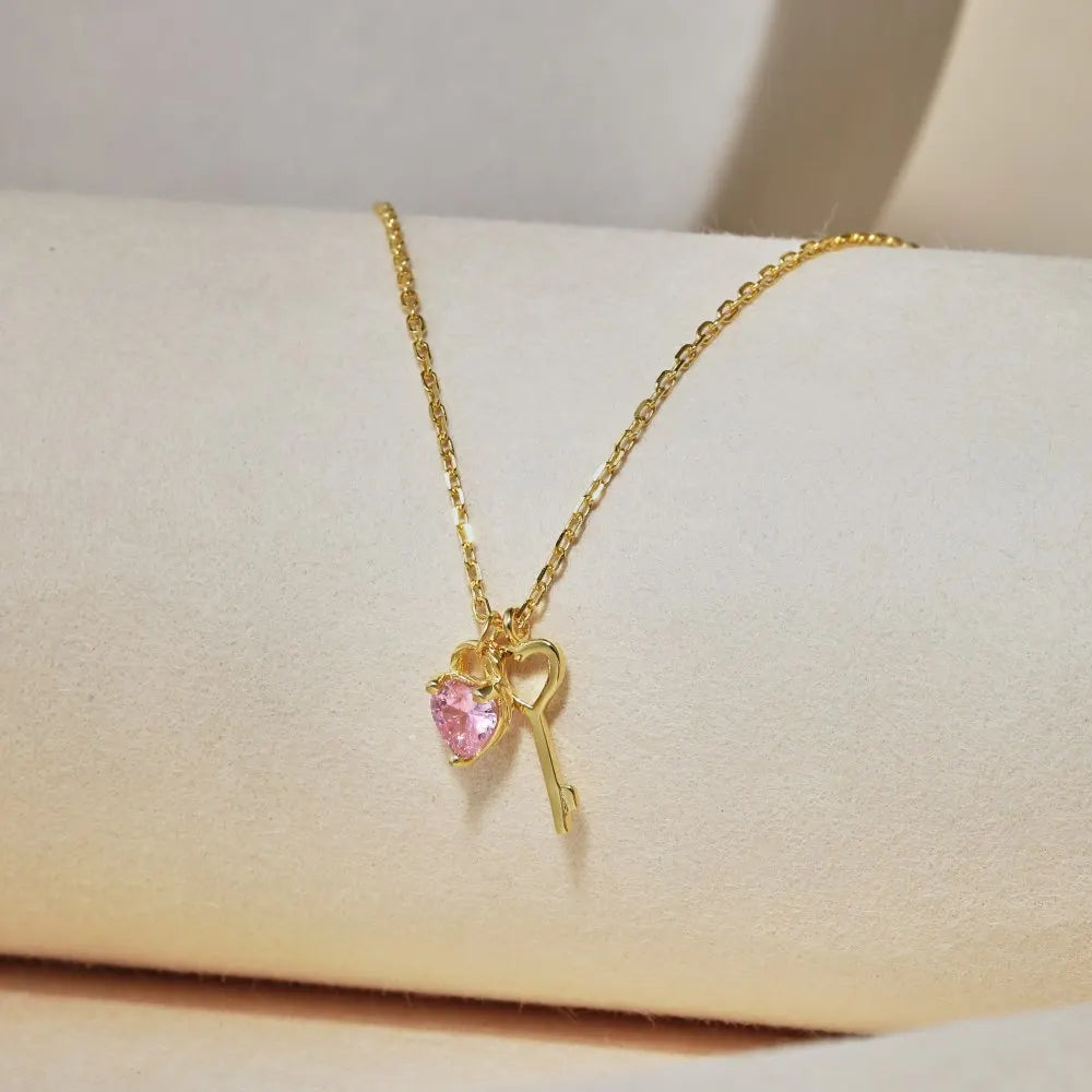 Silver Zircon Heart Cut Love Key Pendant Necklace
