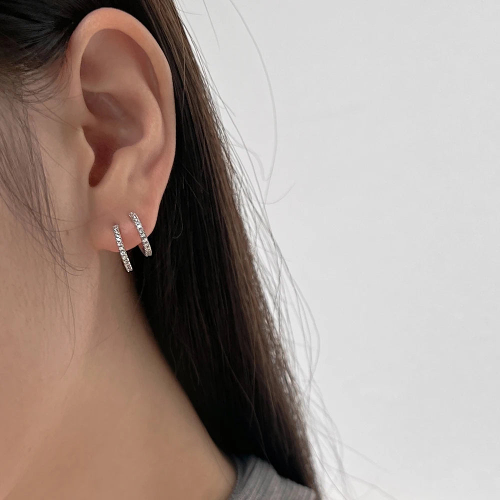 Silver Zircon Round Cut Double Layer Ear Hoops