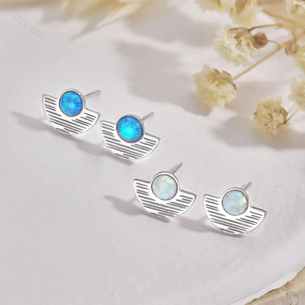 Silver Opal Round Cut Folding Fan Ear Studs