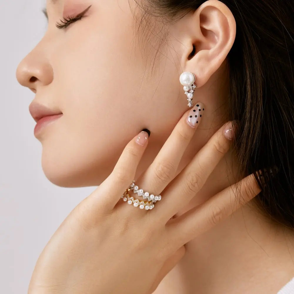 Silver Pearl Iced Dangle Drop Earrings