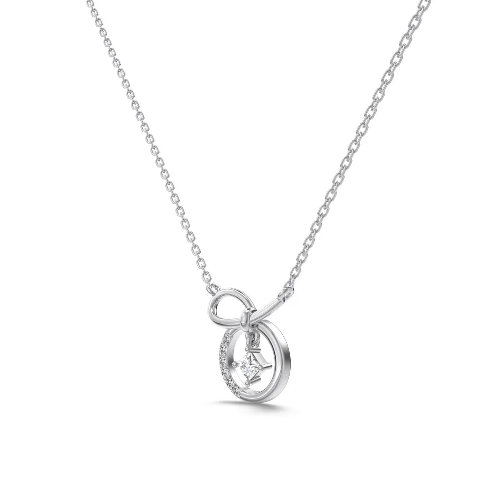 Silver Zircon Princess Cut Twisted Bow Knot Pendant Necklace