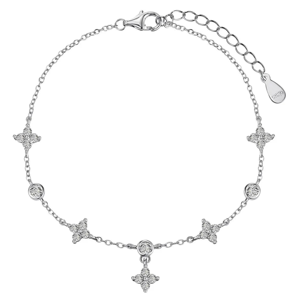 Silver Zircon Round Cut Clover Stars Anklet