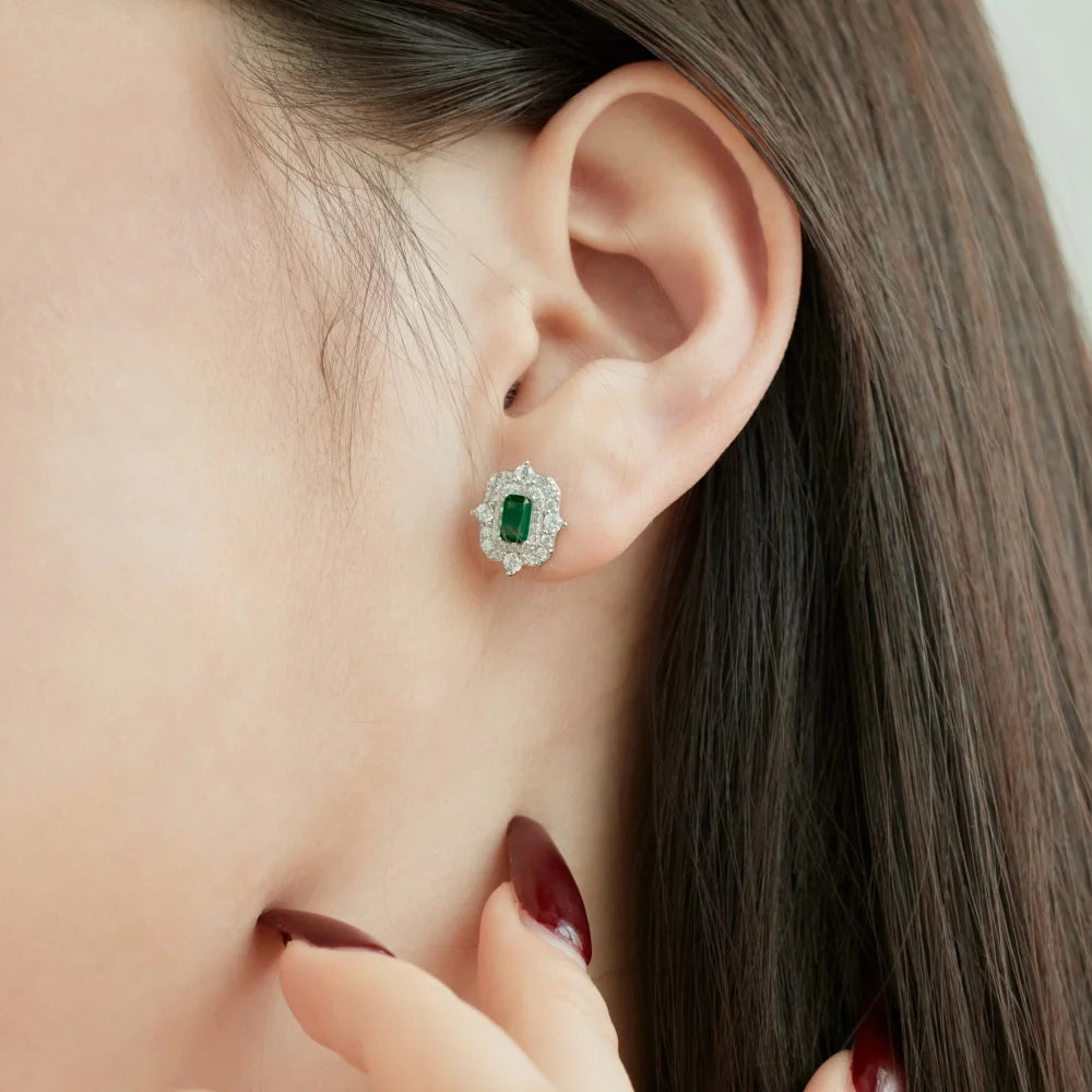 Silver Zircon Emerald Cut Framed Ear Studs