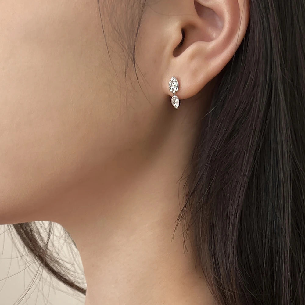 Silver Zircon Pear Cut Double Layer Drop Earrings