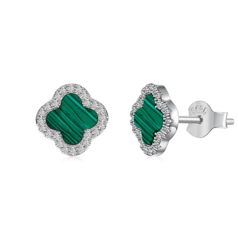 Silver Onyx Clover Cut Halo Ear Studs