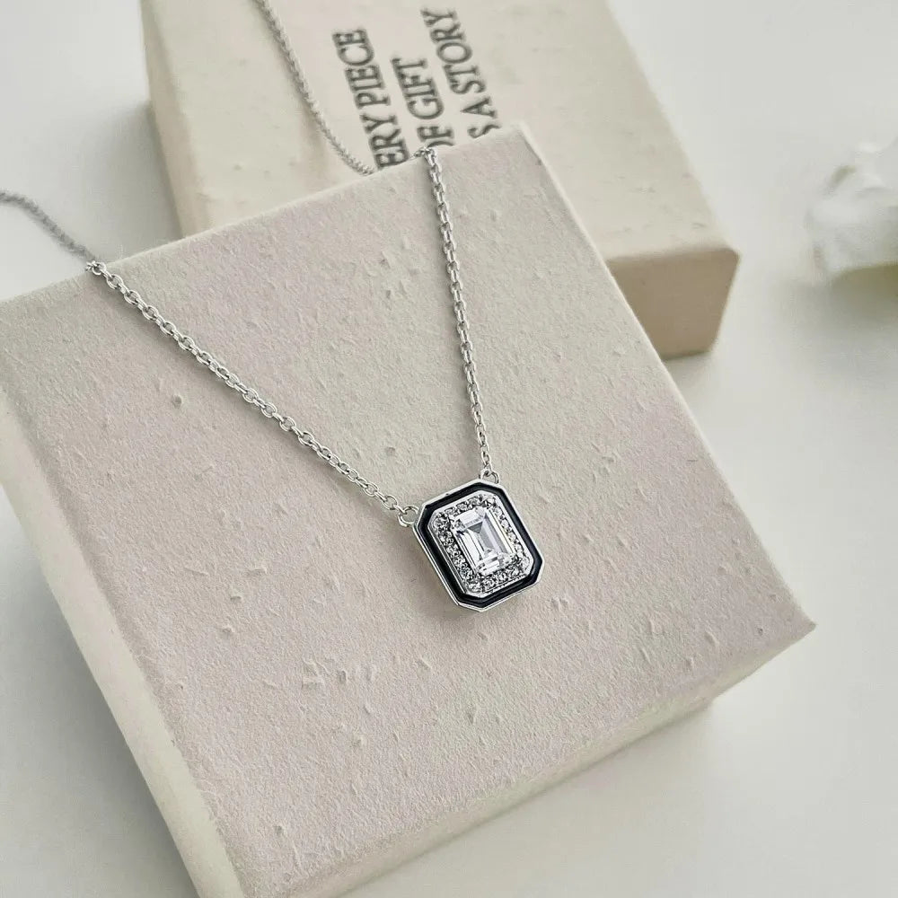 Silver Zircon Emerald Cut Frame Pendant Necklace