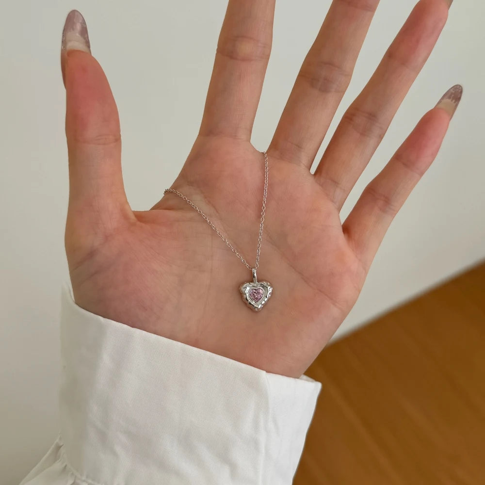 Silver Zircon Heart Cut Melting Heart Pendant Necklace