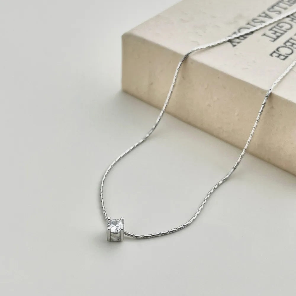 Silver Zircon Round Cut Box Pendant Necklace