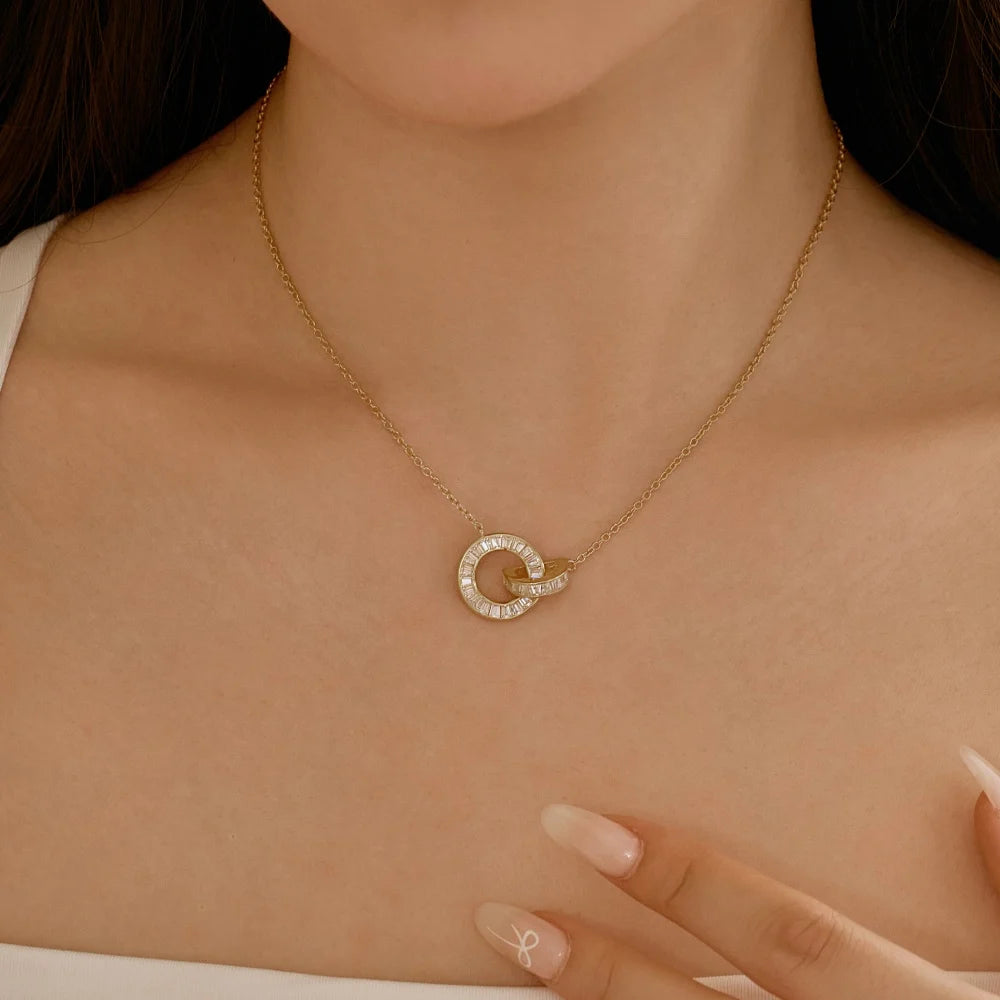 Silver Zircon Tapered Baguette Cut Interlocking Ring Pendant Necklace