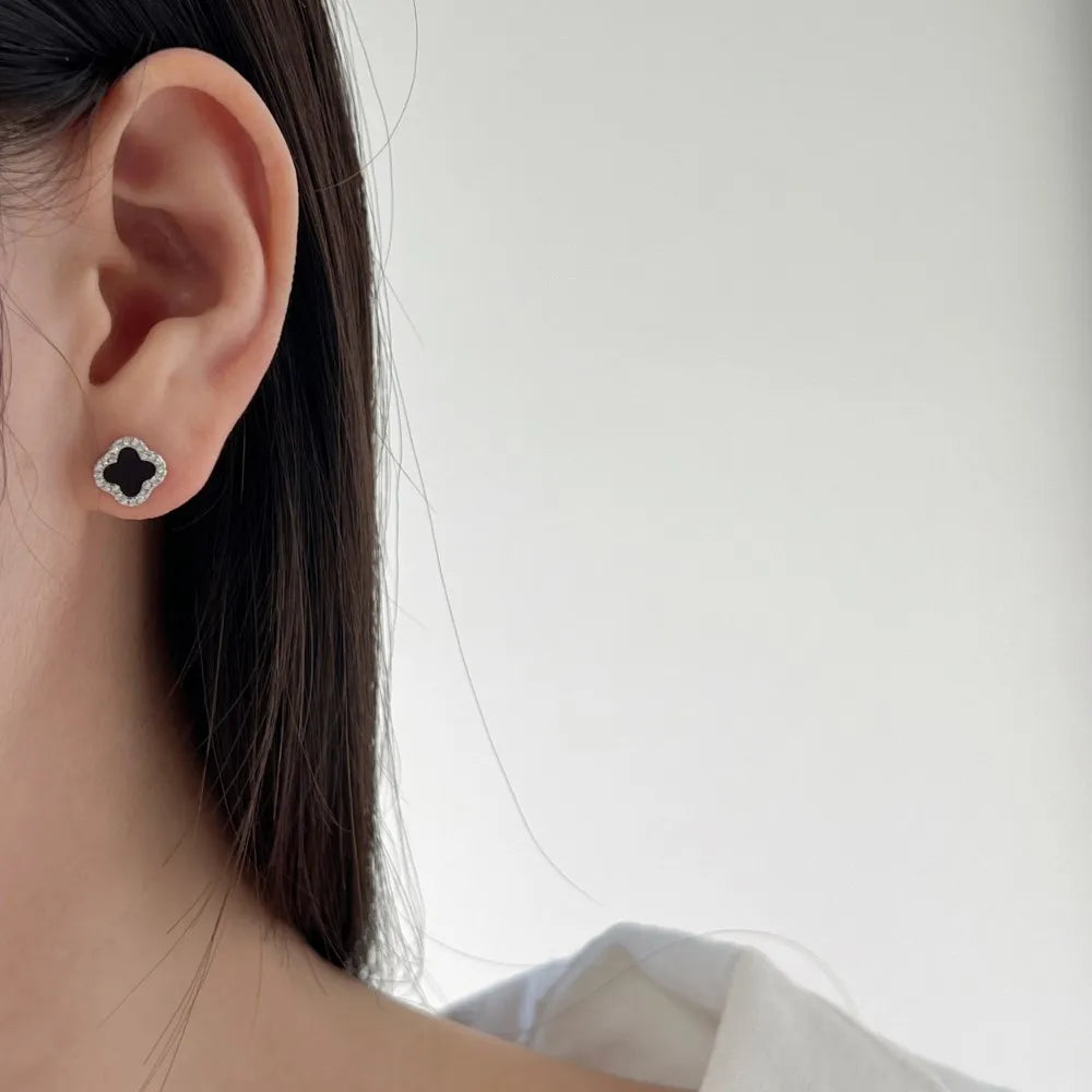 Silver Onyx Clover Cut Halo Ear Studs