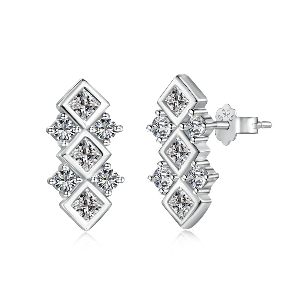 Silver Zircon Princess Cut Inlaid Flowing Ear Studs