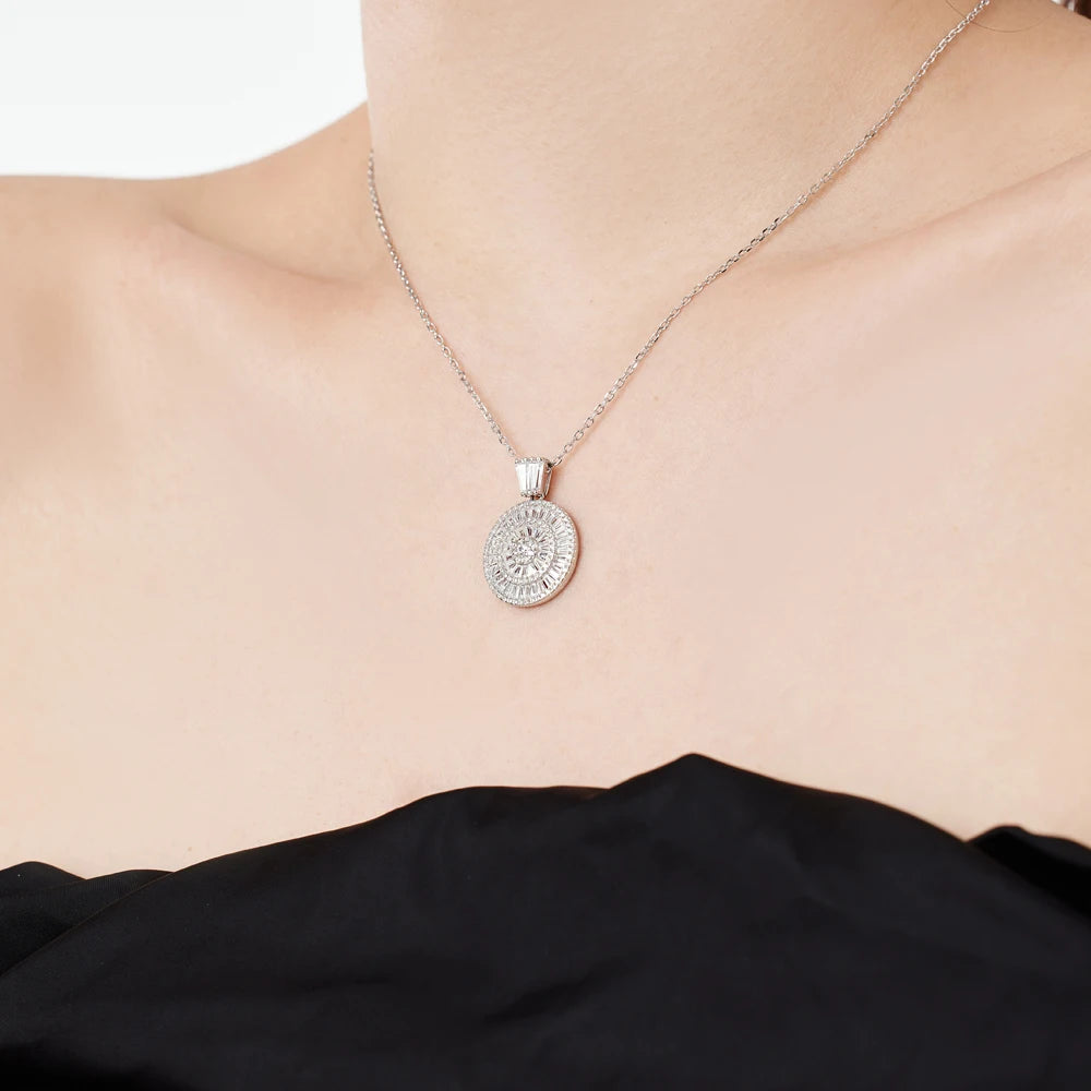 Silver Zircon Tapered Baguette Cut Halo Pendant Necklace