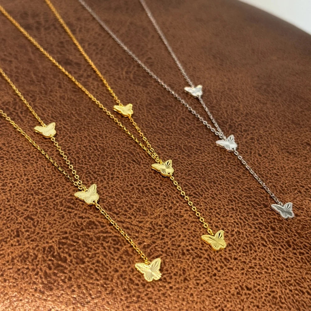 Silver Brushed Stacked Butterfly Chain Necklace