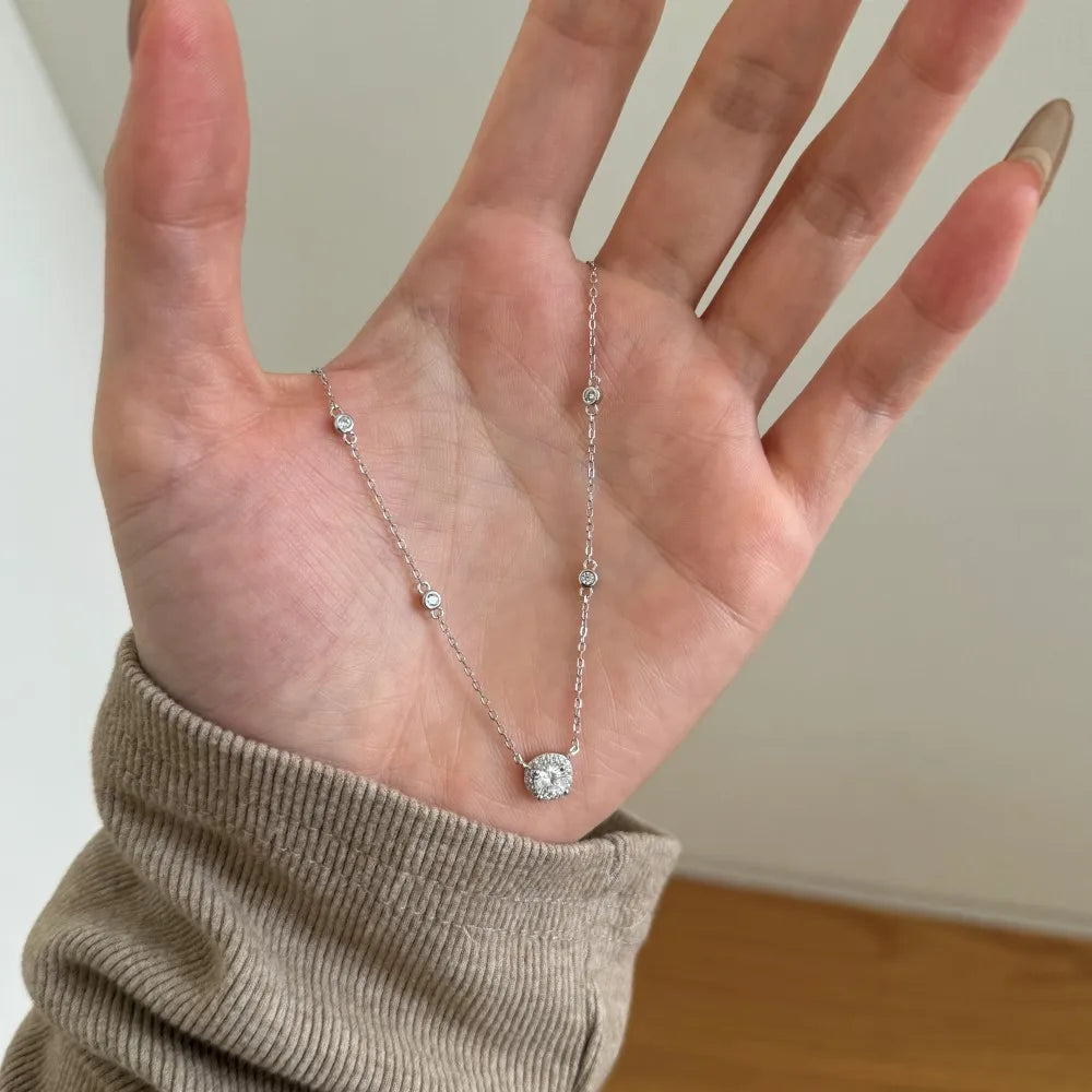Silver Zircon Round Cut Halo Dots Pendant Necklace