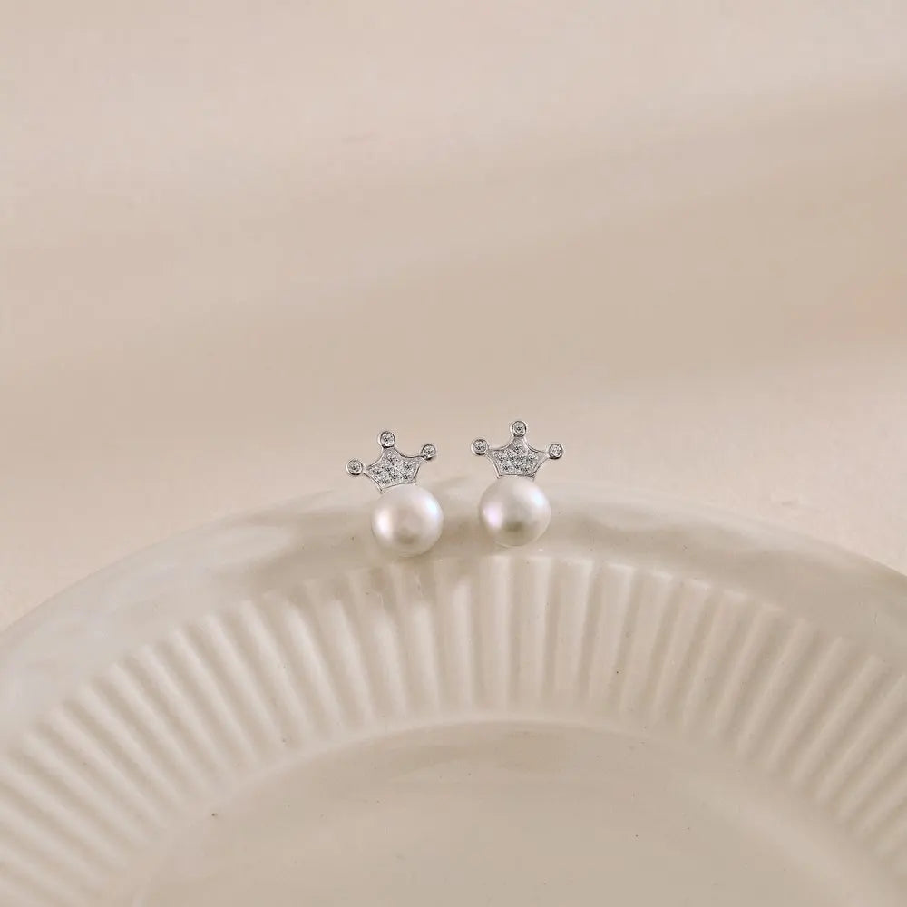 Silver Pearl Crown Ear Studs