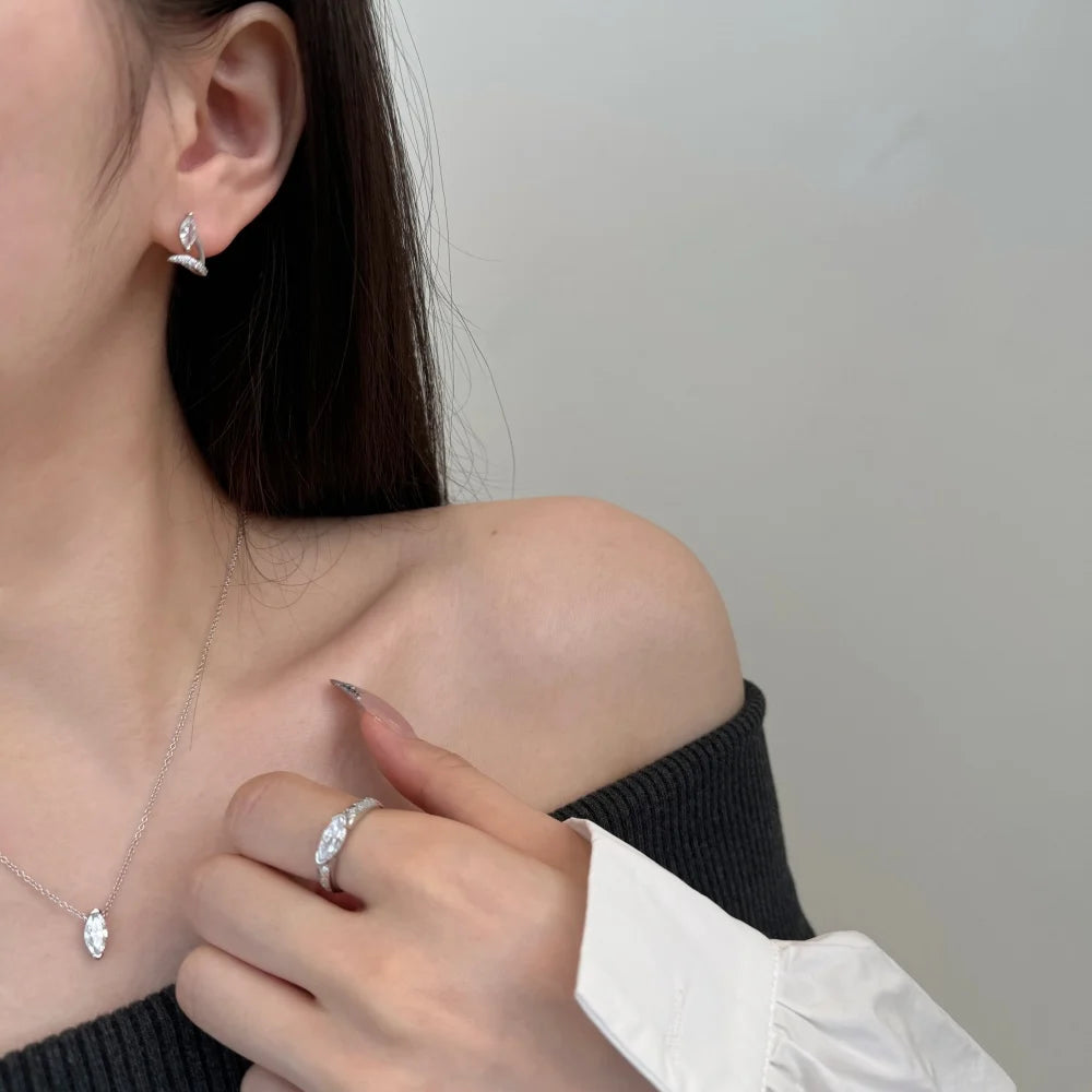 Silver Zircon Marquise Cut Stacked Flower Ear Studs