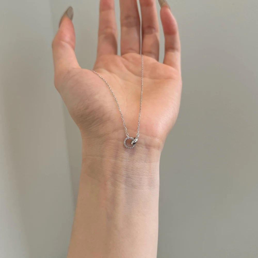 Silver Zircon Round Cut Inlaid Interlocking Ring Pendant Necklace