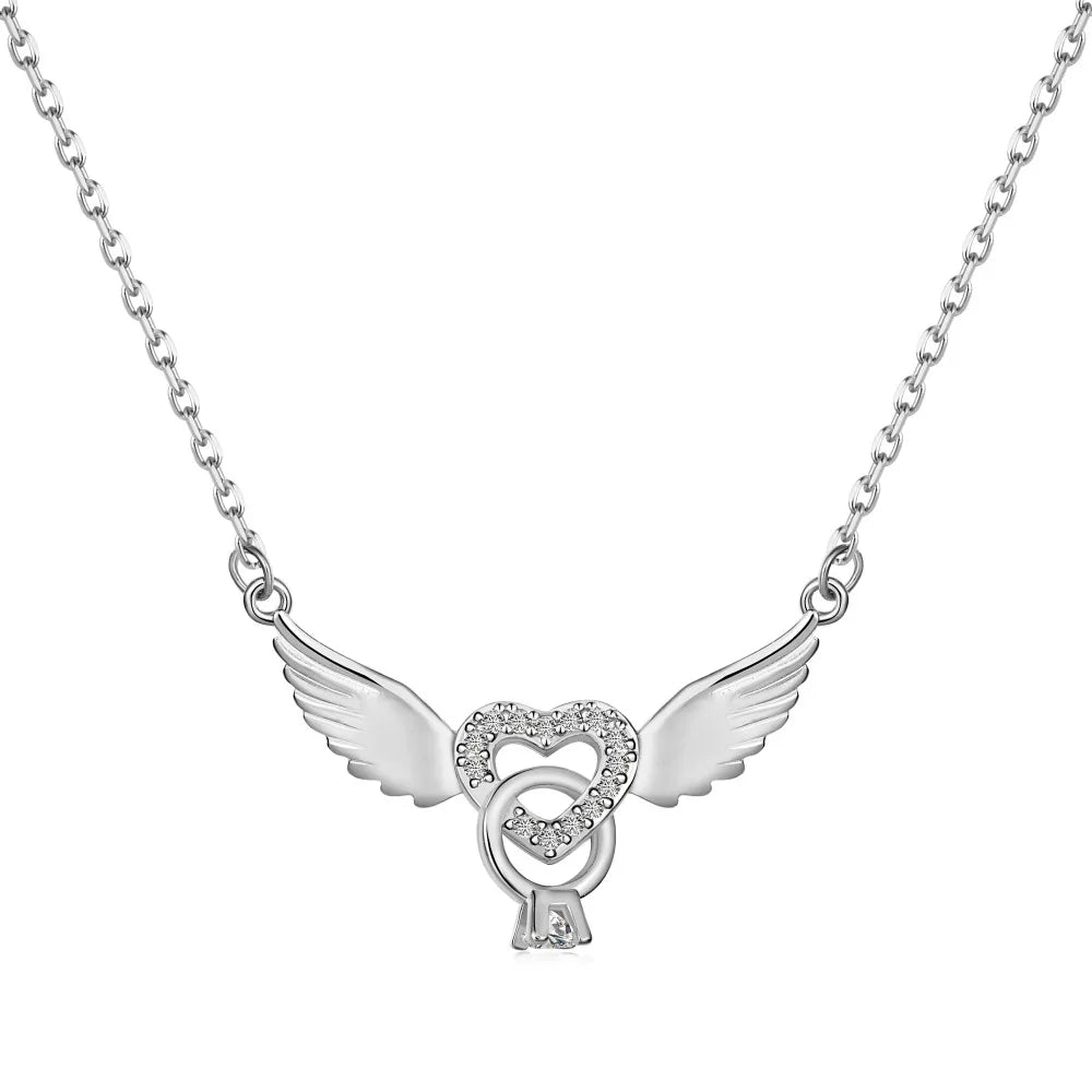 Silver Zircon Round Cut Halo Heart Wings Bar Necklace