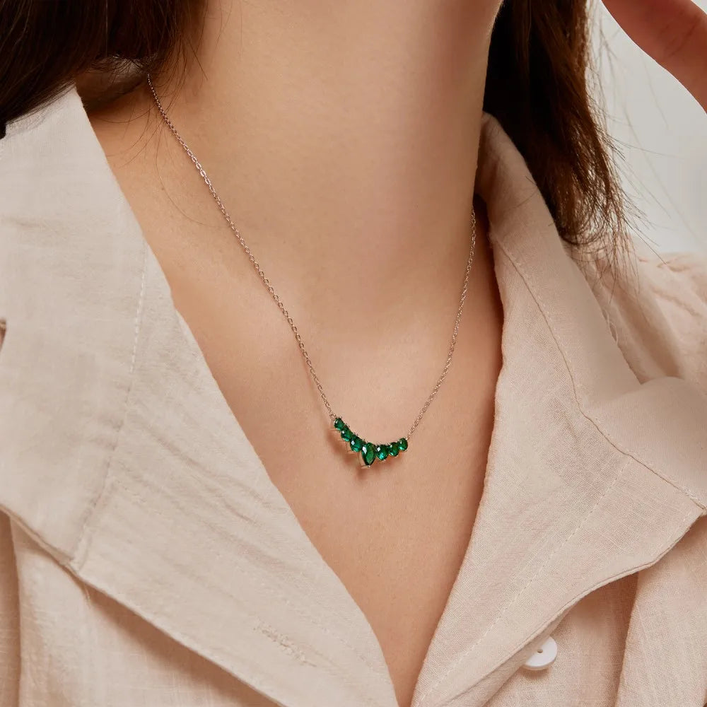 Silver Zircon Pear Cut Crescent Bar Necklace