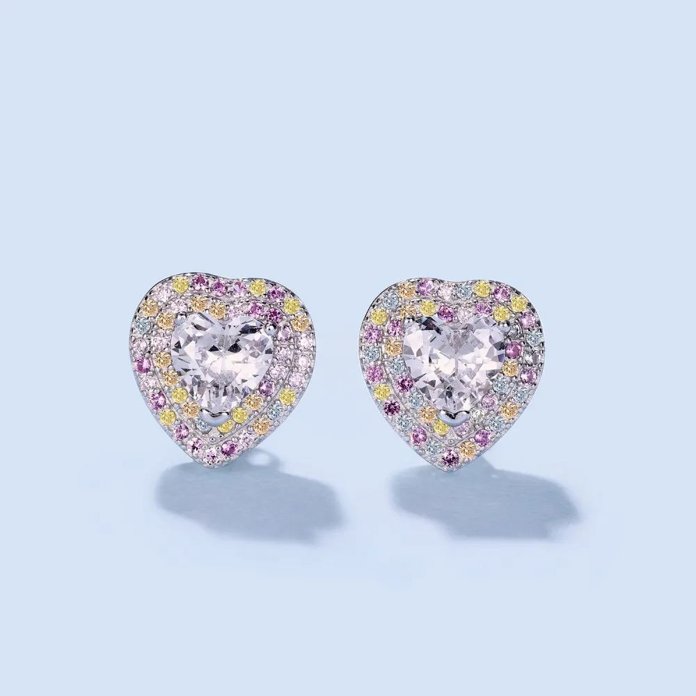 Silver Zircon Heart Cut Iced Inlaid Halo Ear Studs