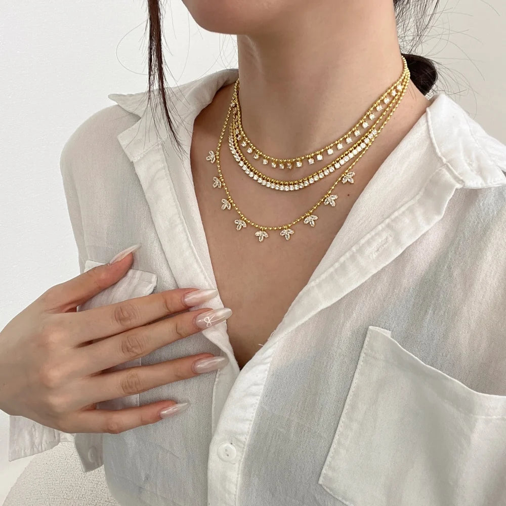 Silver Zircon Round Cut Layered Tassel Chain Necklace