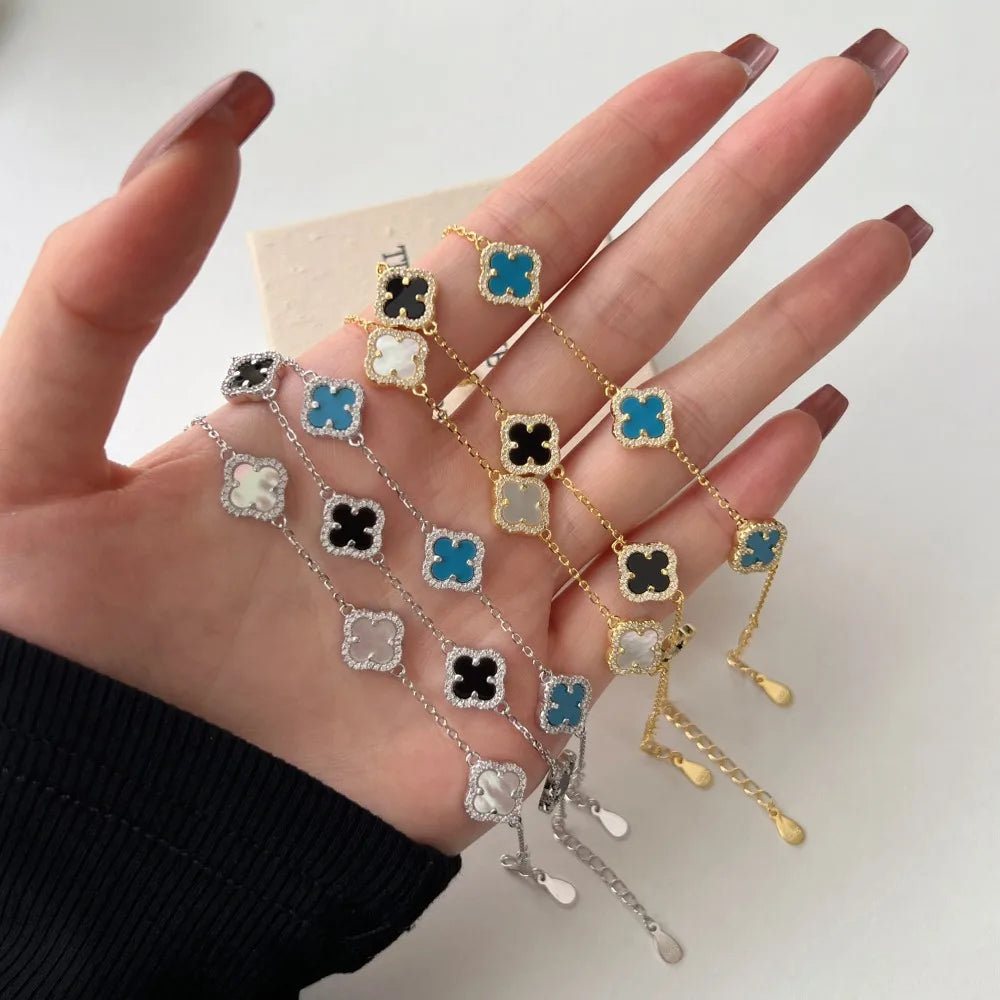Silver Onyx Clover Cut Clover Charm Bracelet