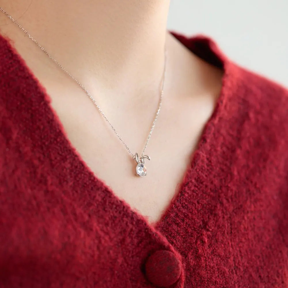 Silver Crystal Round Cut Bunny Pendant Necklace