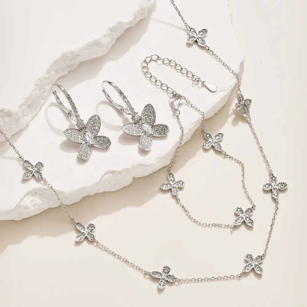 Silver Zircon Round Cut Butterfly Chain Necklace