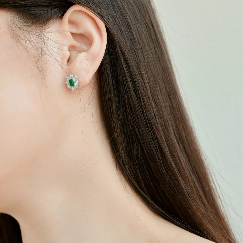 Silver Zircon Emerald Cut Framed Ear Studs