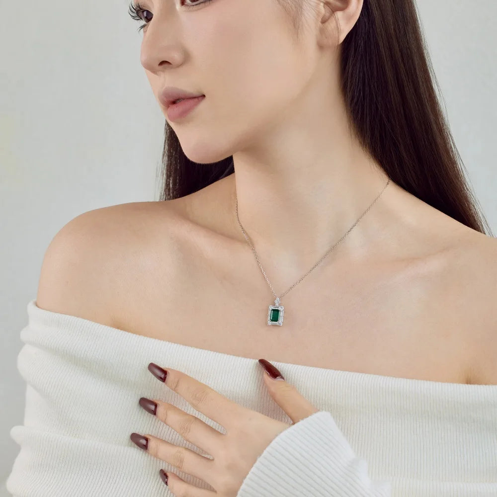 Silver Zircon Emerald Cut Framed Pendant Necklace