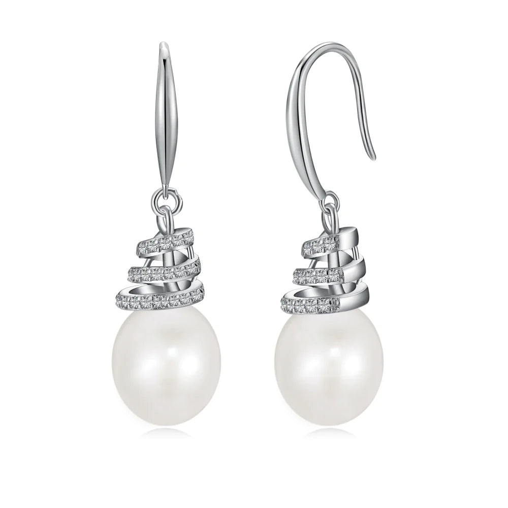 Silver Pearl Iced Hook Drop Earrings