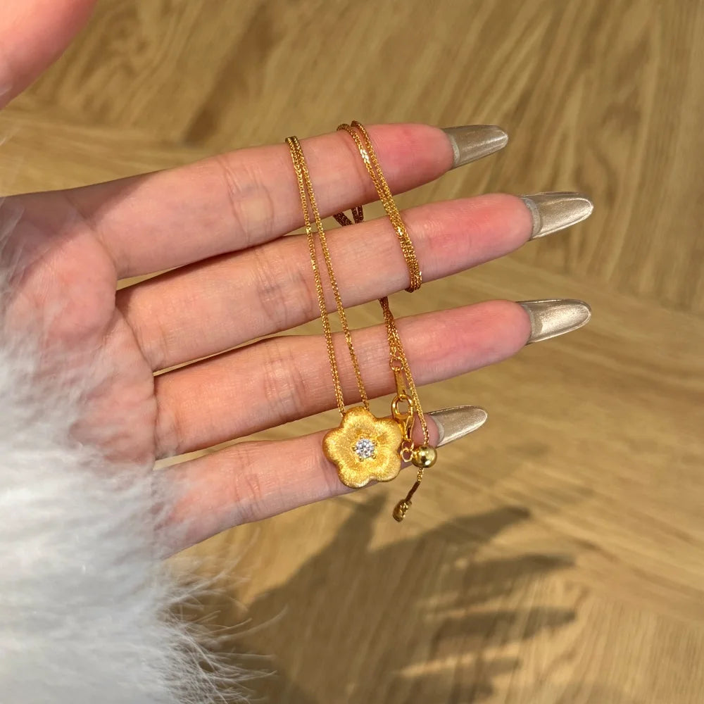 Silver Zircon Round Cut Sakura Flower Pendant Necklace