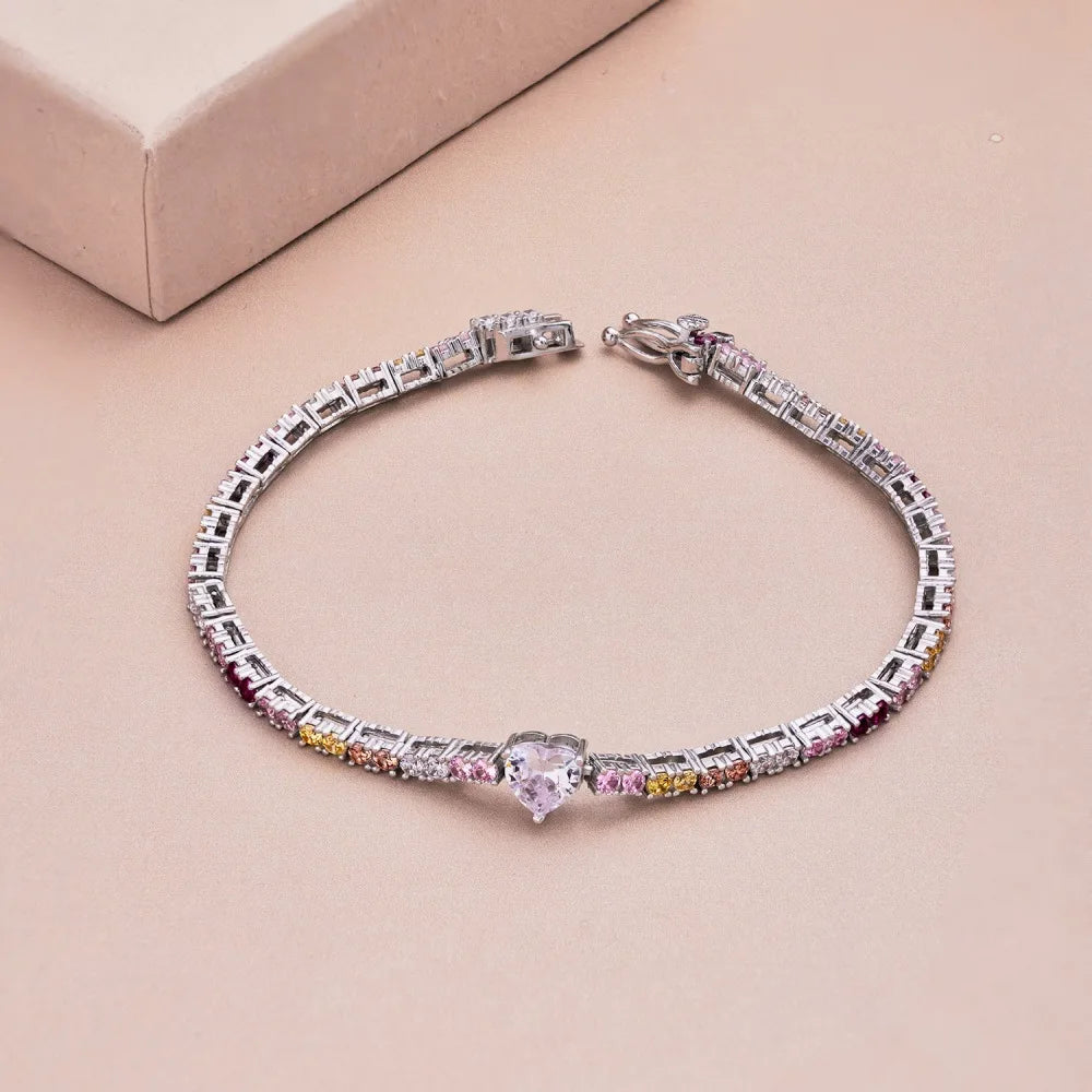 Silver Zircon Heart Cut Classic Box Tennis Bracelet