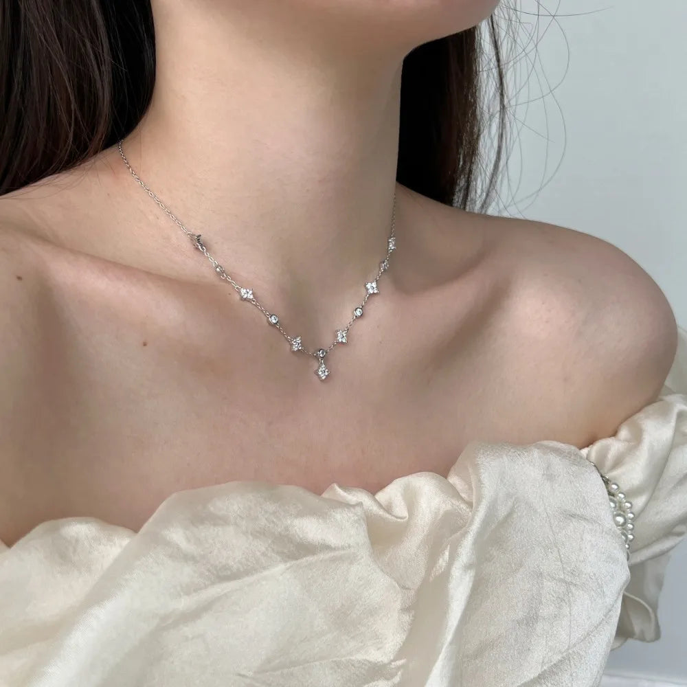 Silver Zircon Round Cut Star Chain Necklace
